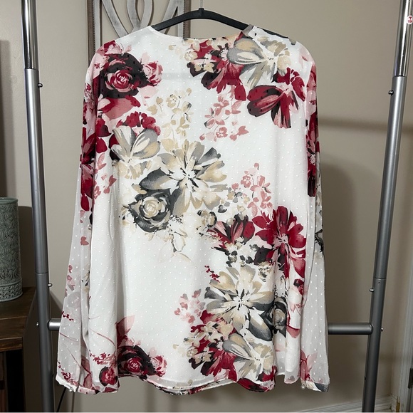 WHBM 14 Peasant Blouse V Neck Floral Long Sleeve White Black Red Tan - Picture 2 of 11